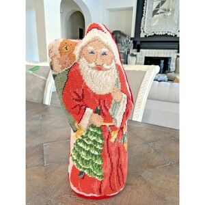 Vtg Steinwinder Wool Needlepoint Pillow Old World Santa Christmas Red Velvet 15"